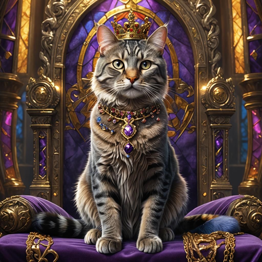 Regal Tabby Cat on Throne, Fantasy Art