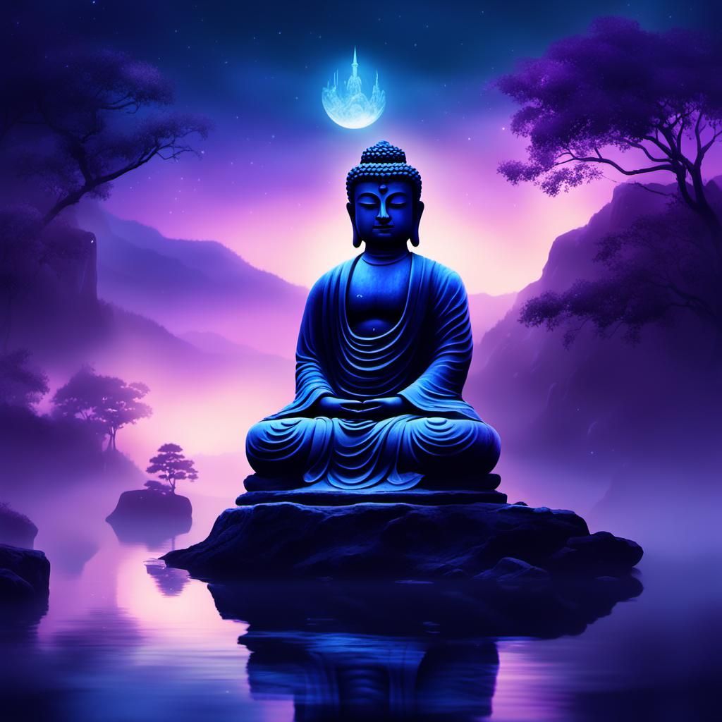 Lord Buddha Under Celestial Fog, Anime-Inspired Digital Pain...