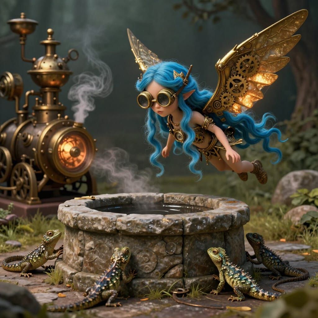 Steampunk Fairy with Brass Wings and Wishing Well