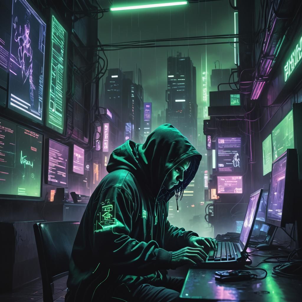 Cyberpunk Hacker in Neon-Lit Nocturne