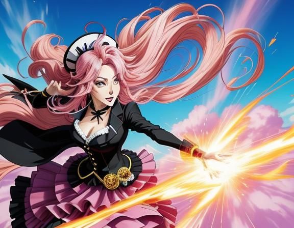 Pink-Haired Woman Soaring in Anime Comic Style