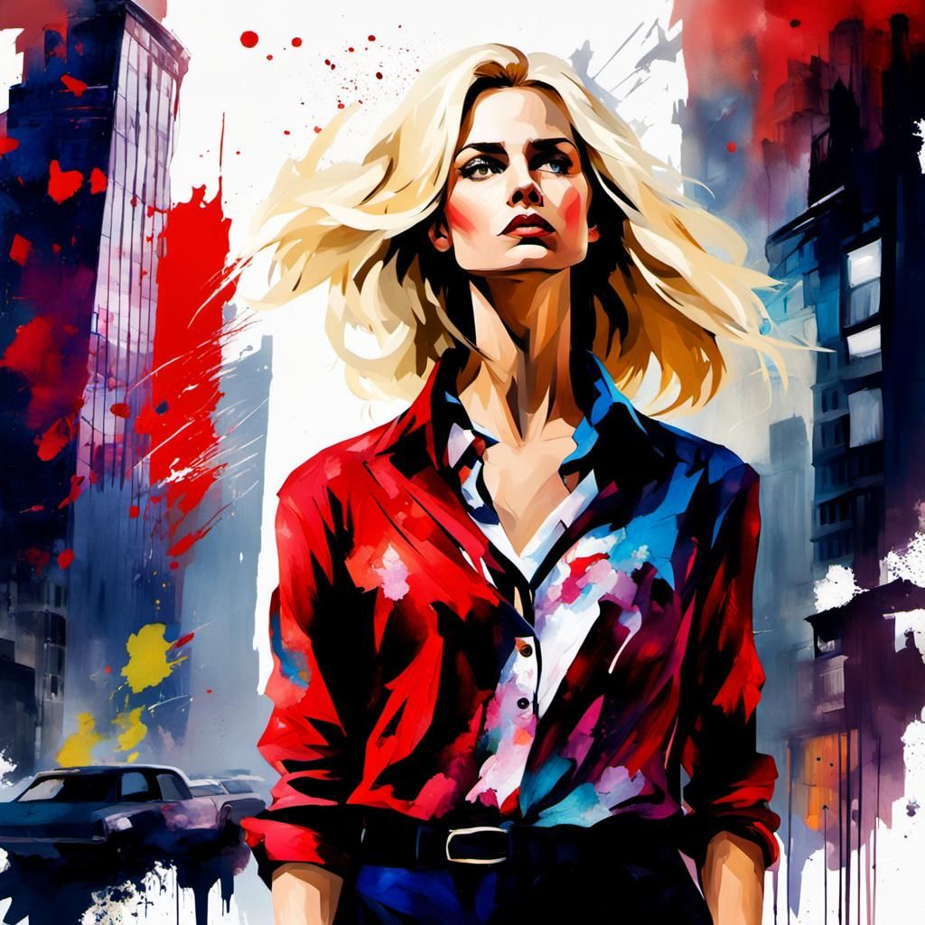 Contemplative Woman in Urban Landscape, Impressionistic Styl...