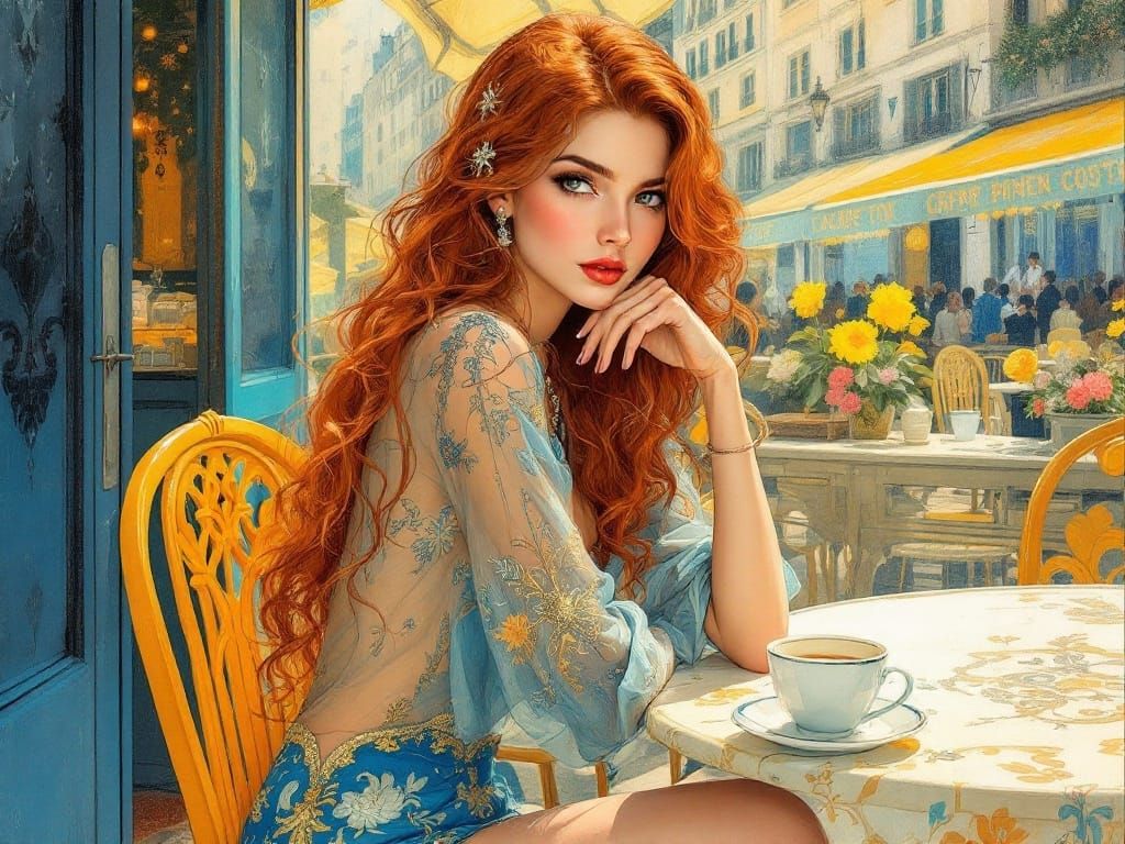 Elegant Cafe Scene in Art Nouveau Post-Impressionist Style