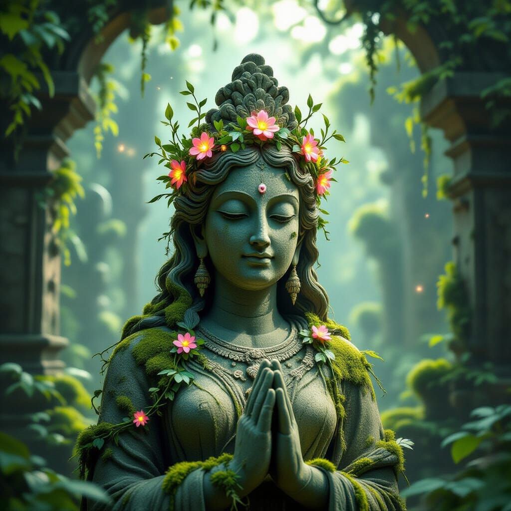 Ancient Deity Statue with Vine Crown in Mystical Ruins