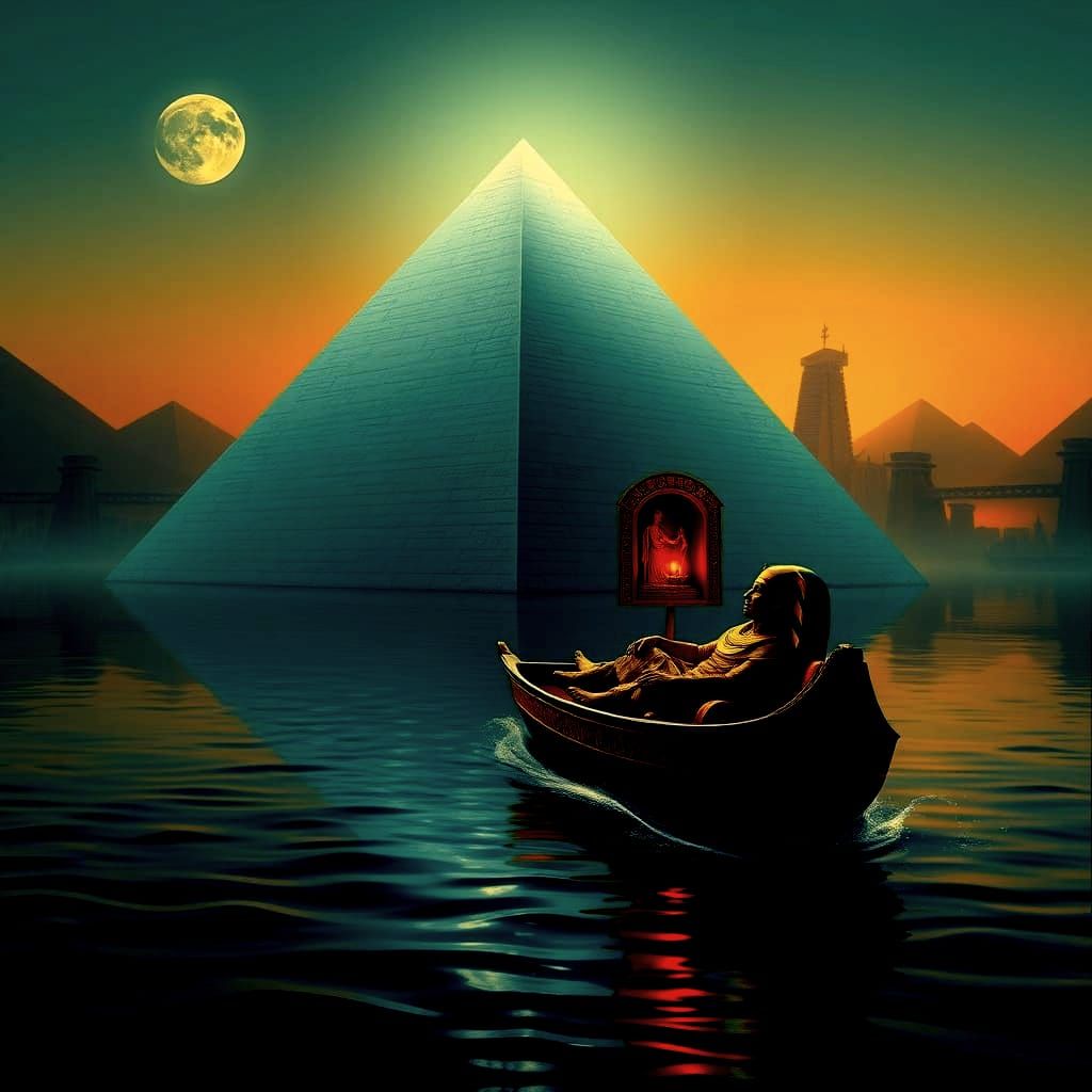 Ancient Pyramid Underwater Scene with Moonlit Nile