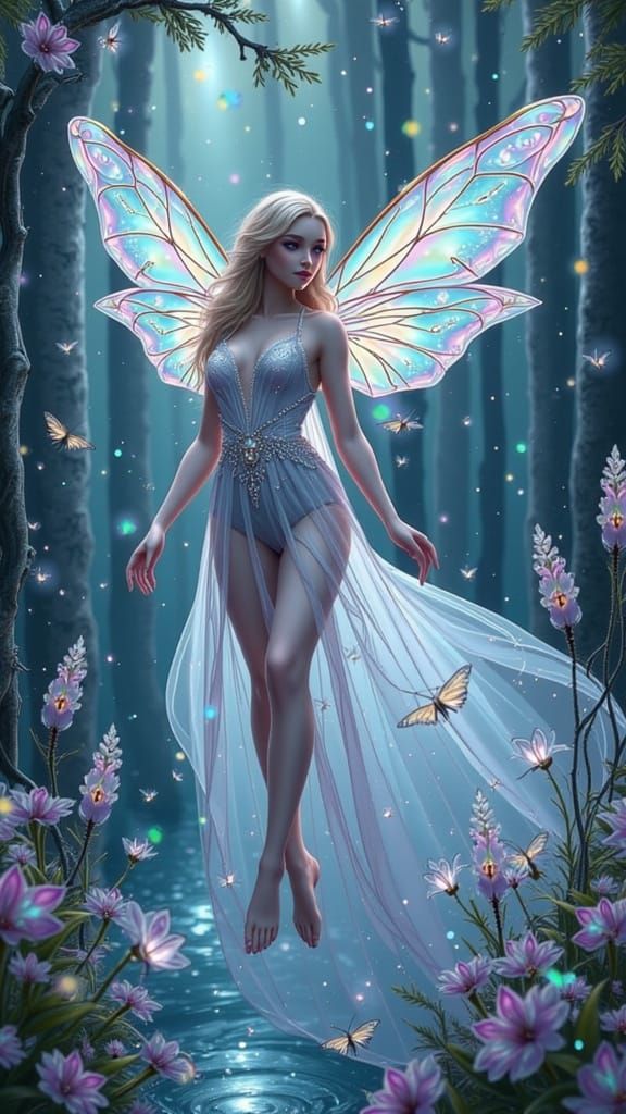 Ethereal Fairy in Moonlit Forest, Watercolour Style