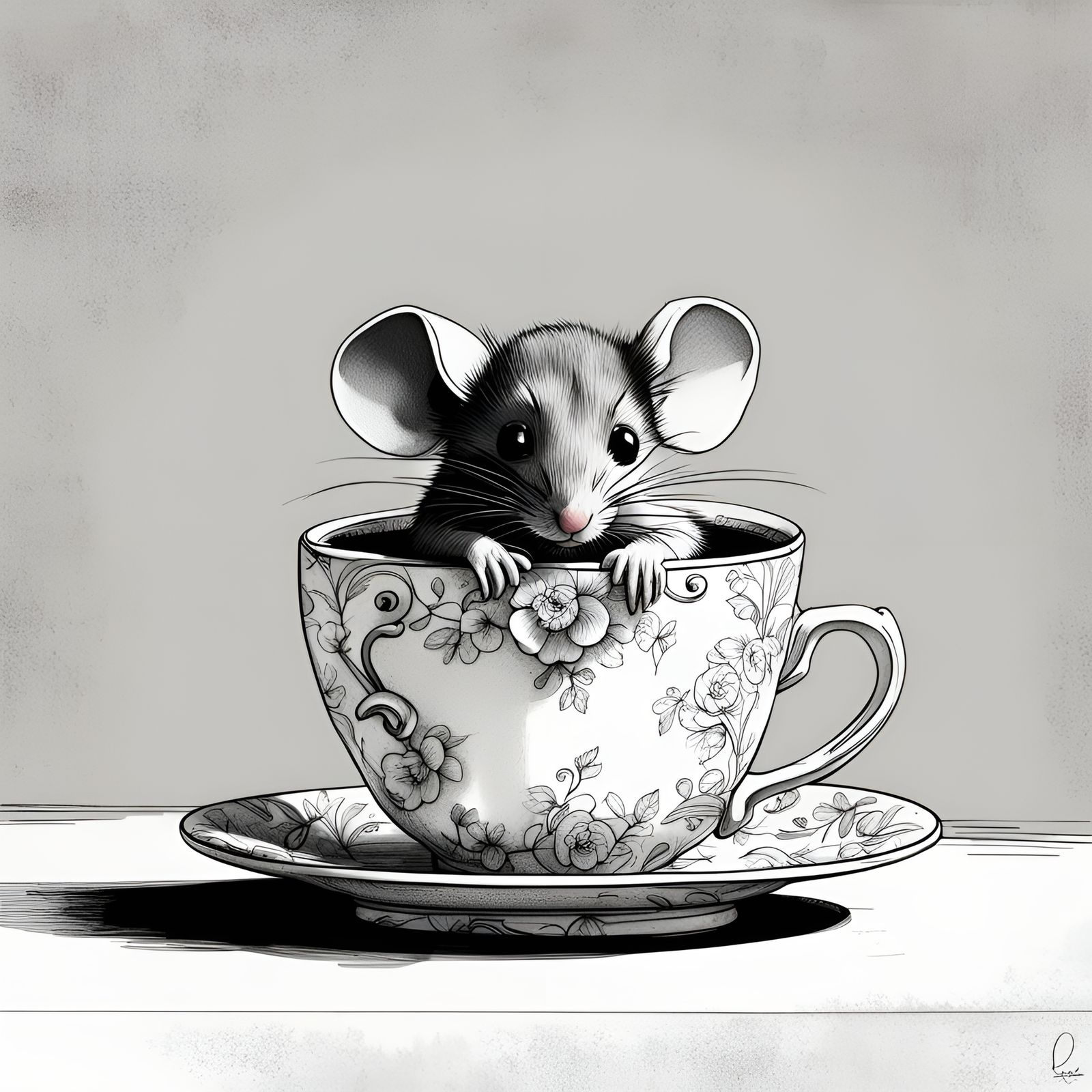 Mouse in Teacup: High Contrast 2D Line Art