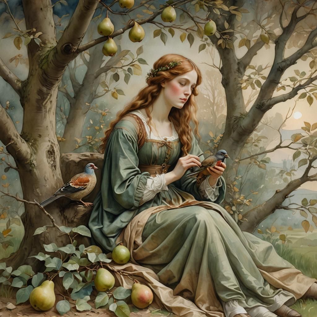 Woman Under Pear Tree in Pre-Raphaelite Style