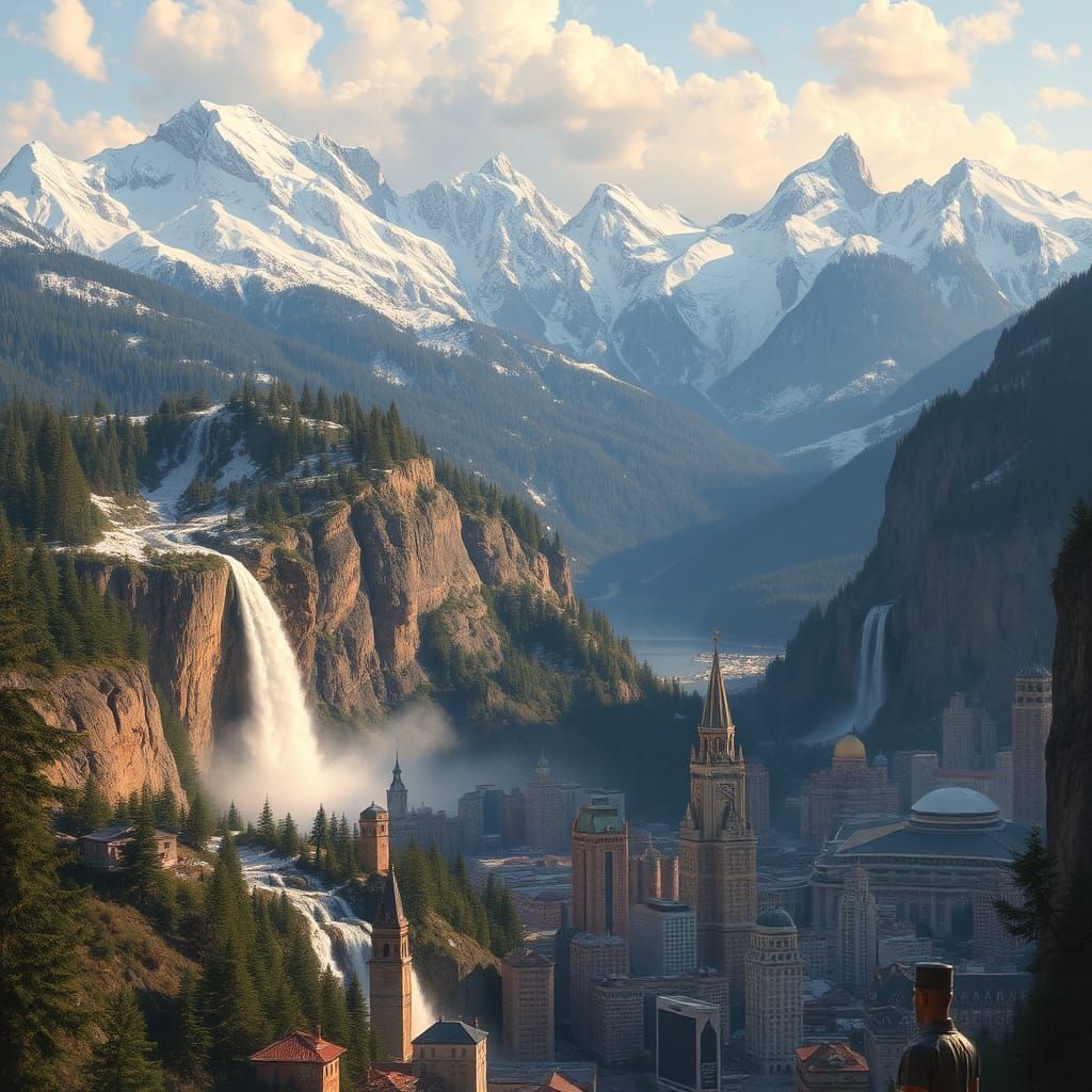 Mountains and Waterfalls Flowing to City
