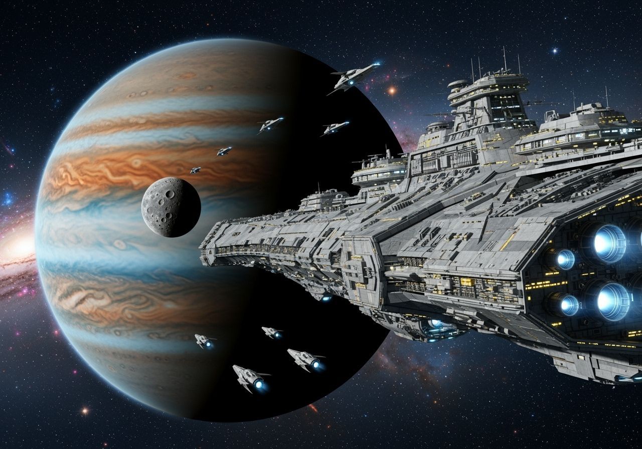 Colossal Starship in Orbit Around Gas Giant, Cinematic View