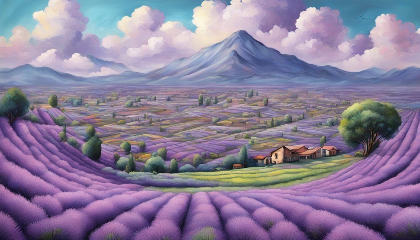 Surreal Floral Cityscape with Lavender Clouds