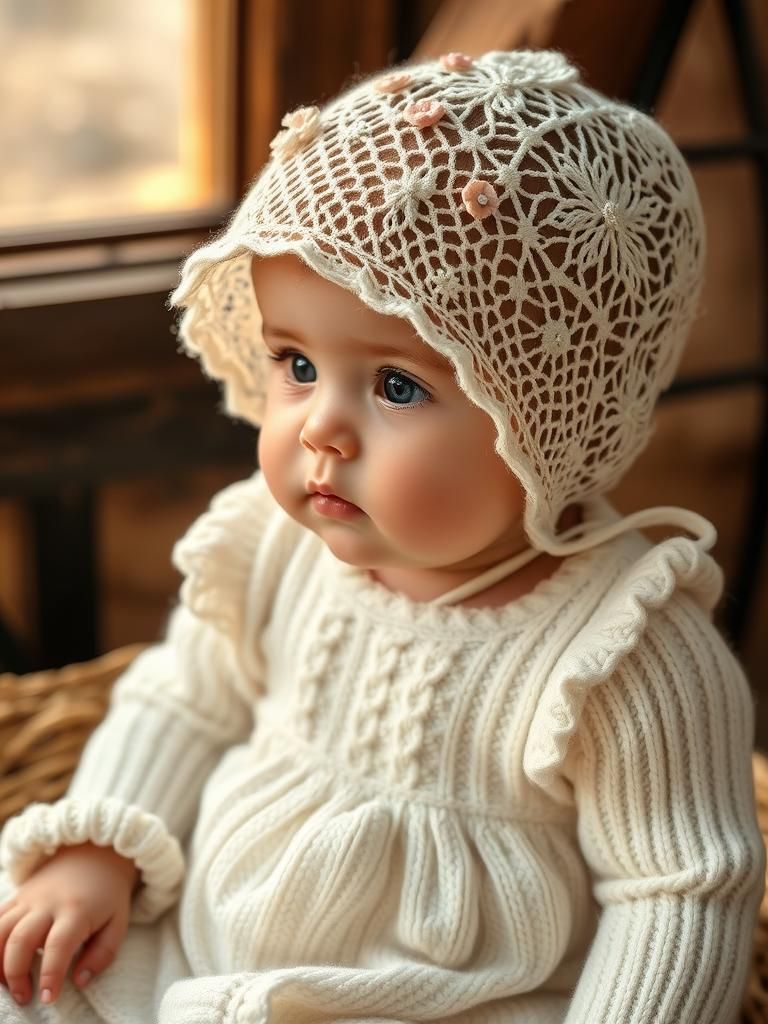 Baby in Floral Cap and Knitted Dress