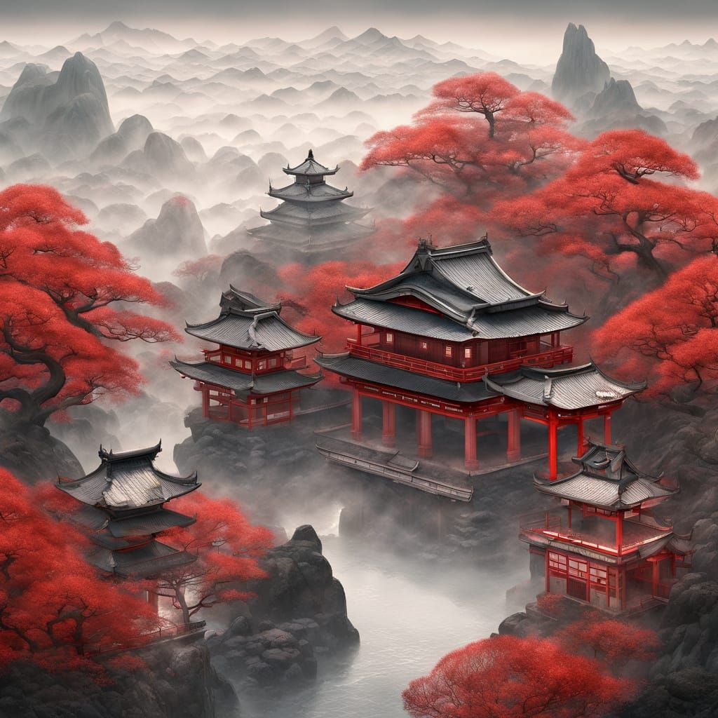 Ethereal Japanese Zen Temple Amidst Whimsical Fantasy Landsc...