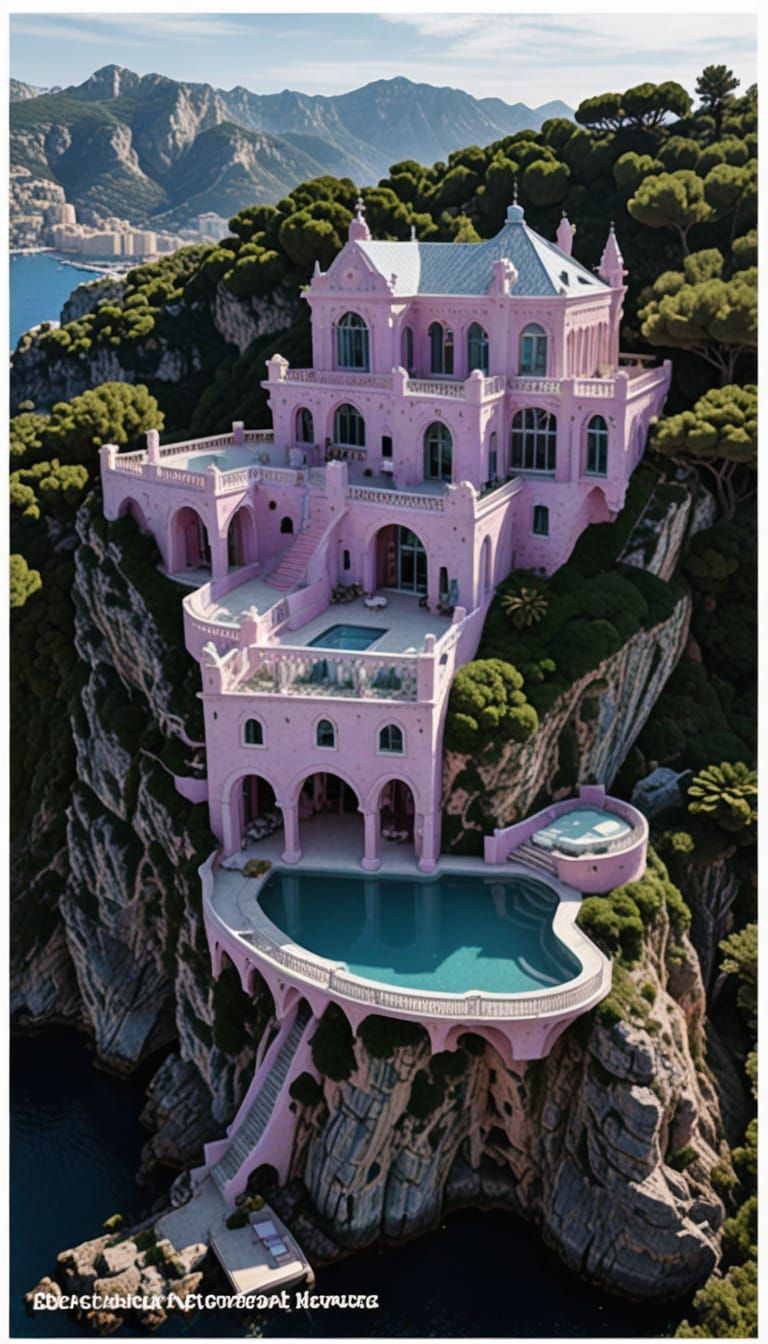 Ancient Elven Chateau Cliffside in Vibrant Raspberry Pink