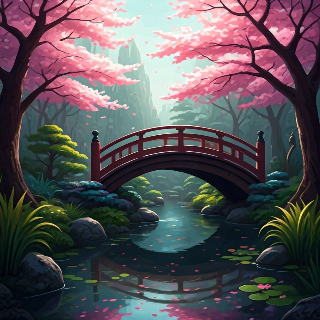 Japanese Garden with Cherry Blossoms, Artstation Concept Art