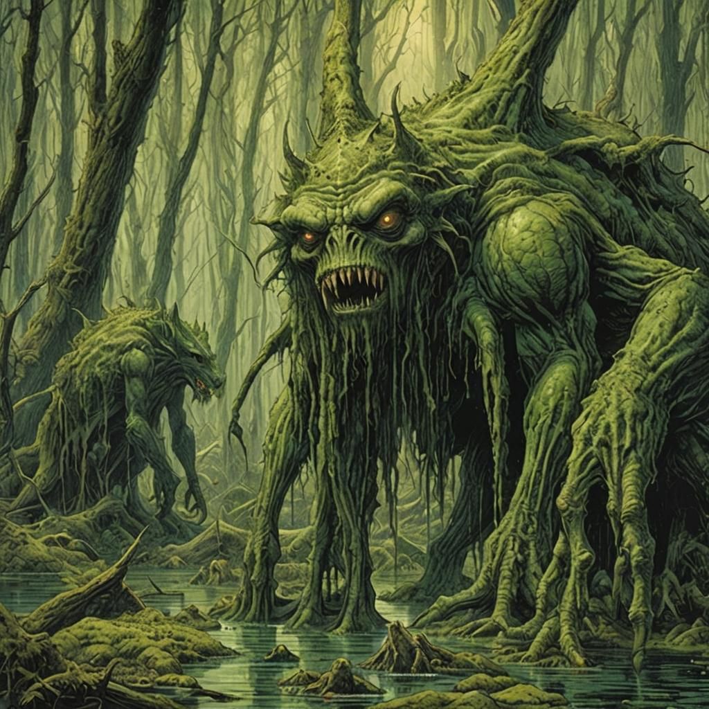 Eerie Green Swamp Creature in Dense Forest