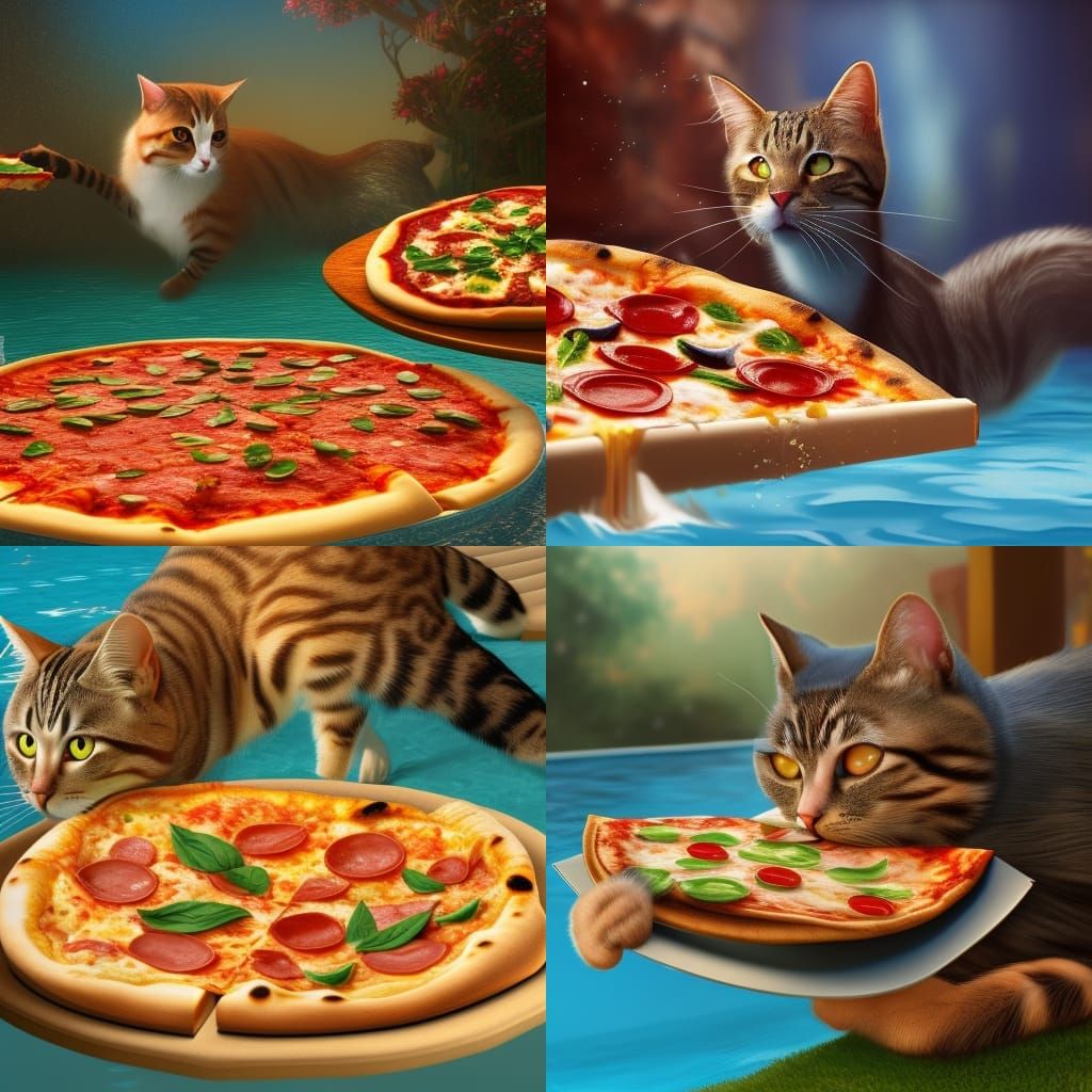 Cat Enjoys Pizza Poolside: Detailed Matte Painting