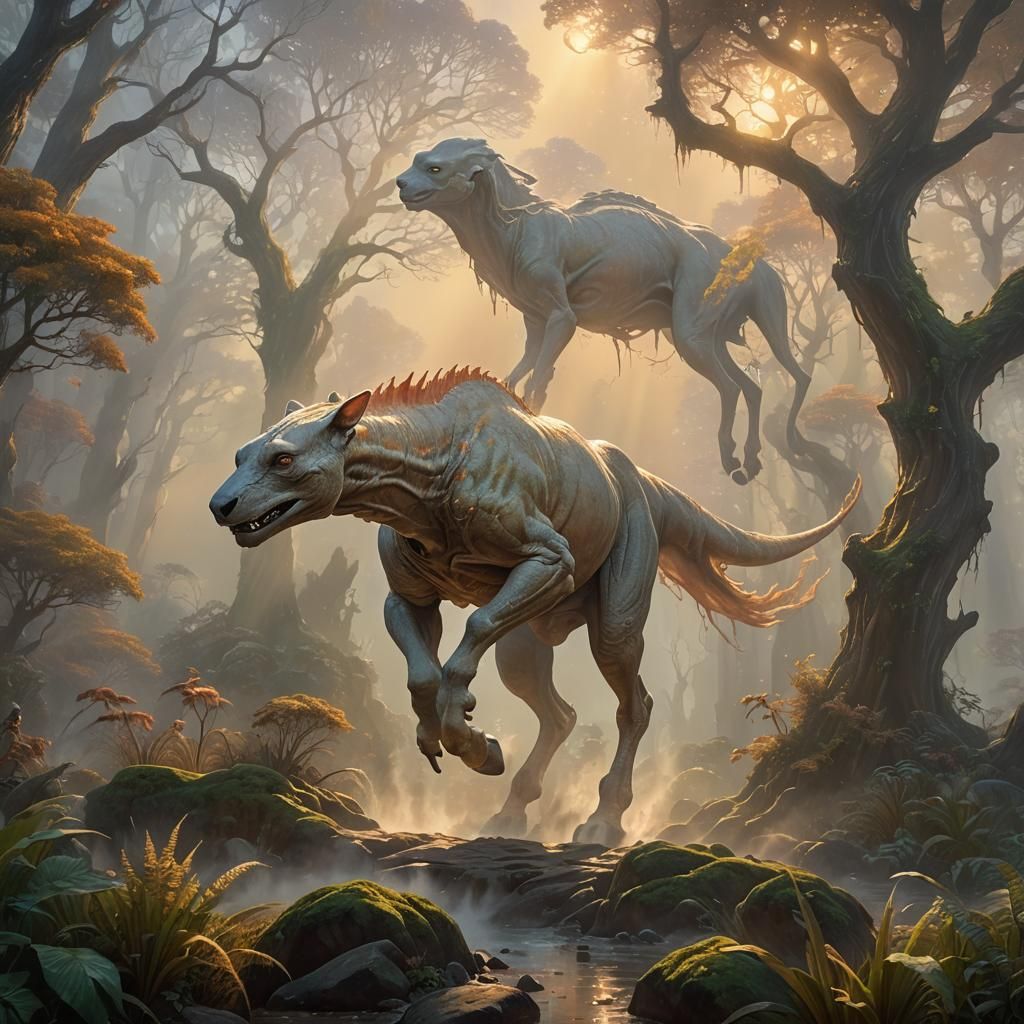 Giant Bare-Skinned Creature Leaping in Ancient Land