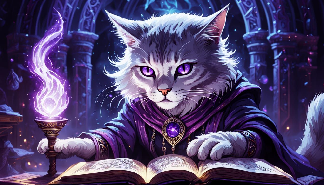 Mystical Cat Sorceress Casting Spell: Fantasy Art