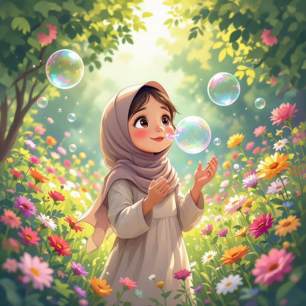 Muslim Girl Joyfully Blows Bubbles in a Blooming Garden