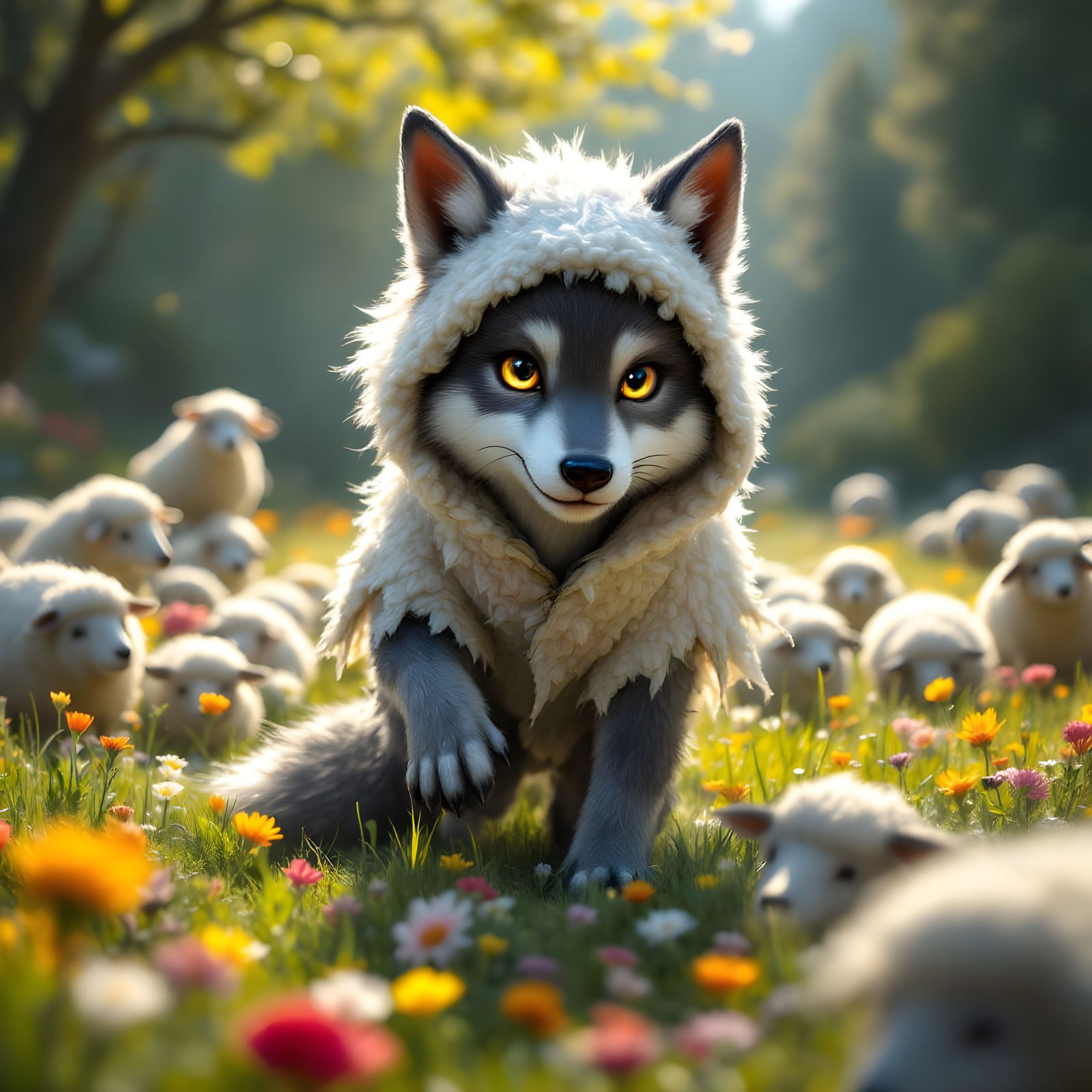 Sly Wolf Disguised as Sheep in Sunny Meadow