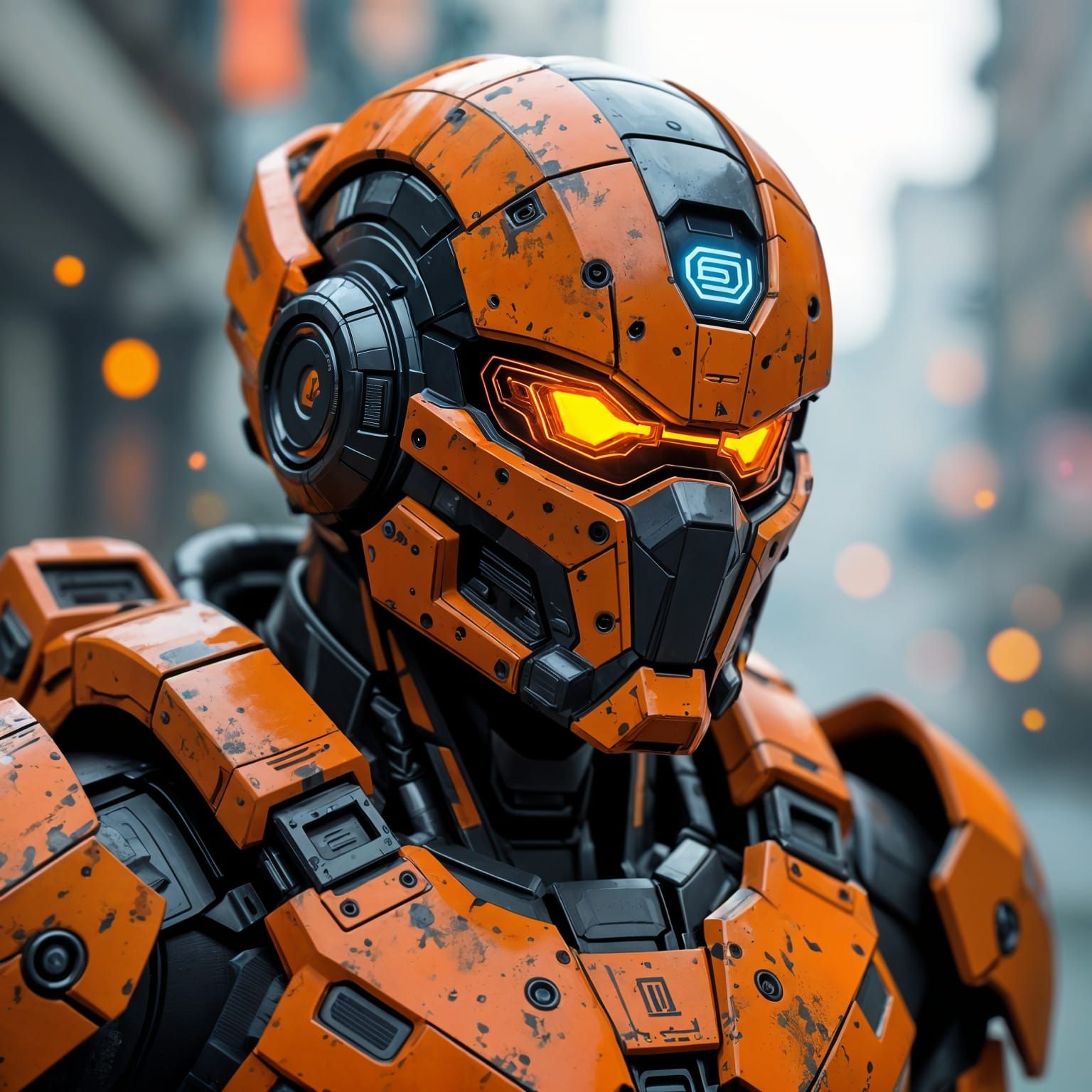 Cybernetic Warrior Face Close-Up in Orange Monochrome