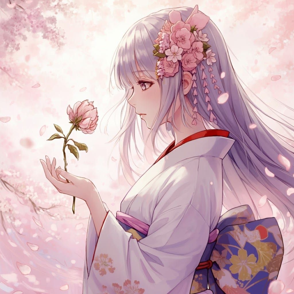 Anime Woman with Cherry Blossoms and Kimono