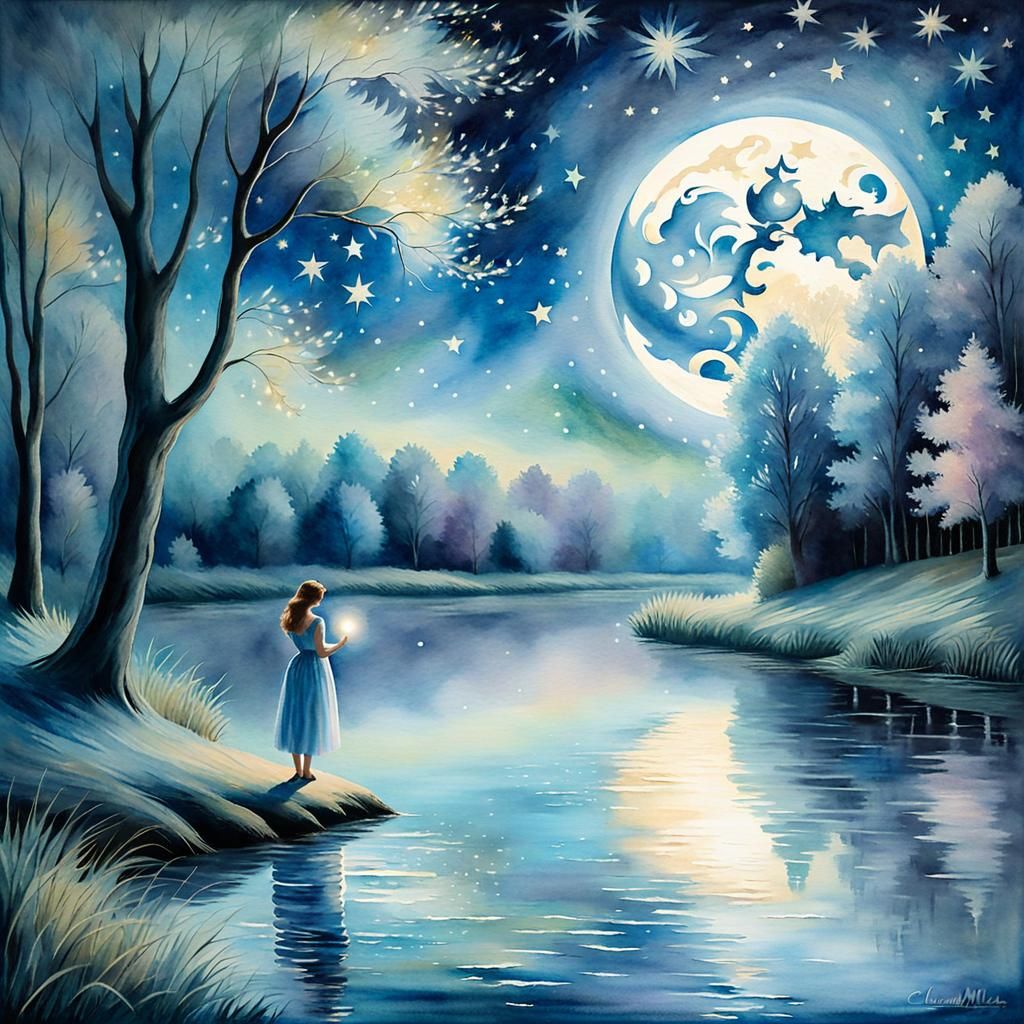 Woman and Kitten Under Moonlight in Watercolor