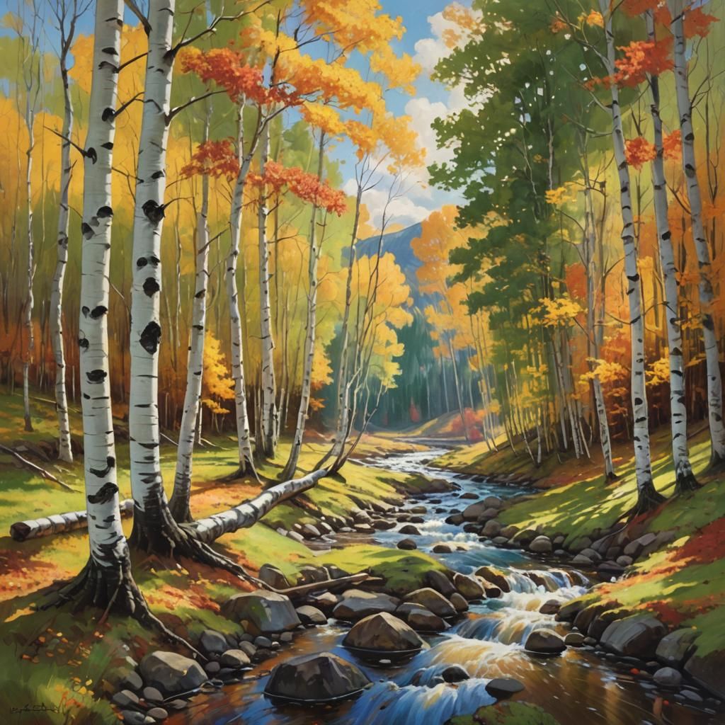 Idyllic Autumn River Valley Landscape as Oil Painting