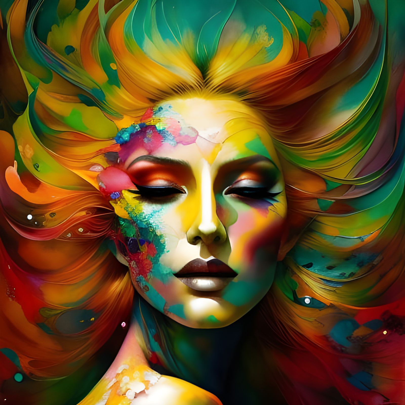 Redhead Woman Portrait with Colorful Ink Flow