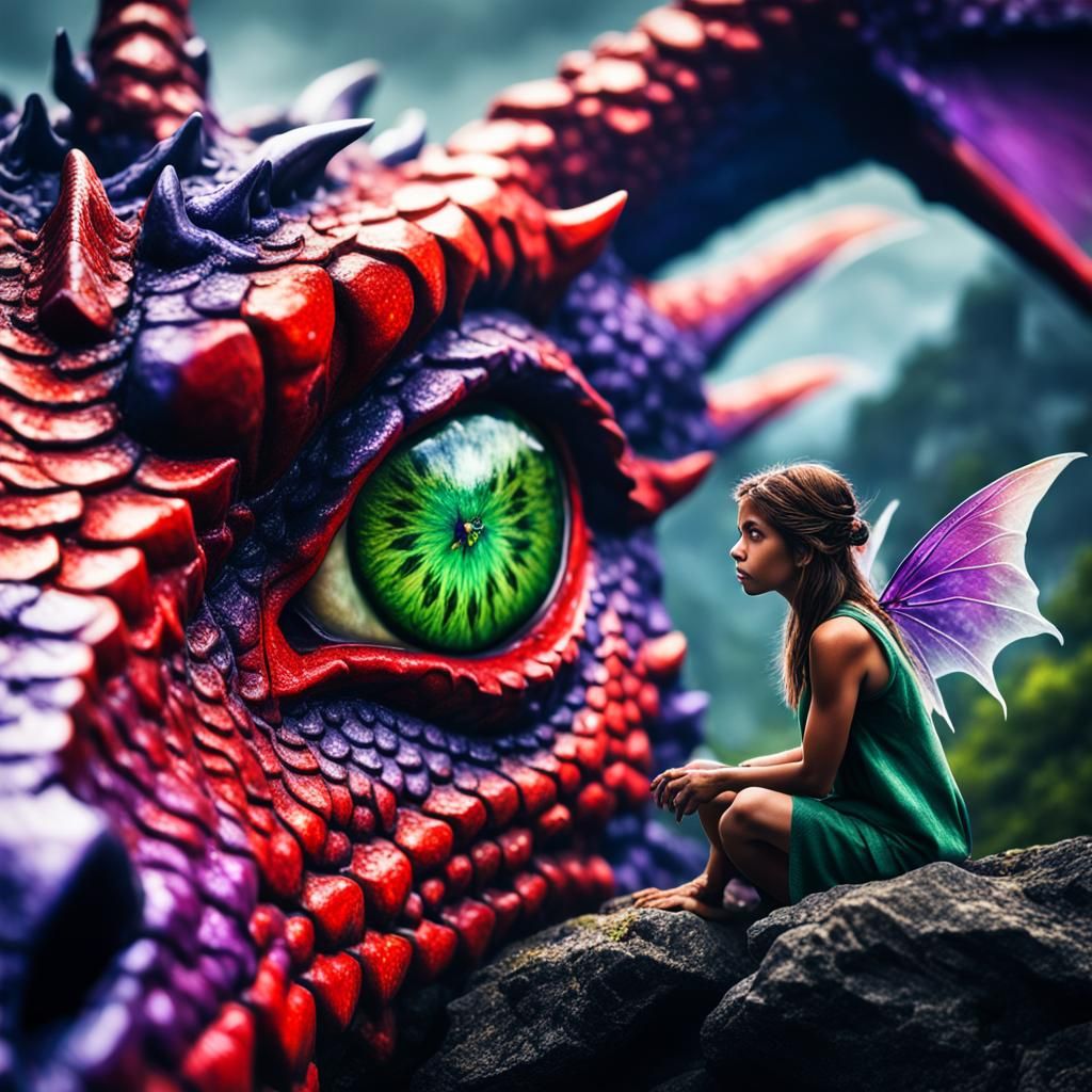 Fairy Gazing at a Dragon Eye in Hyperrealism
