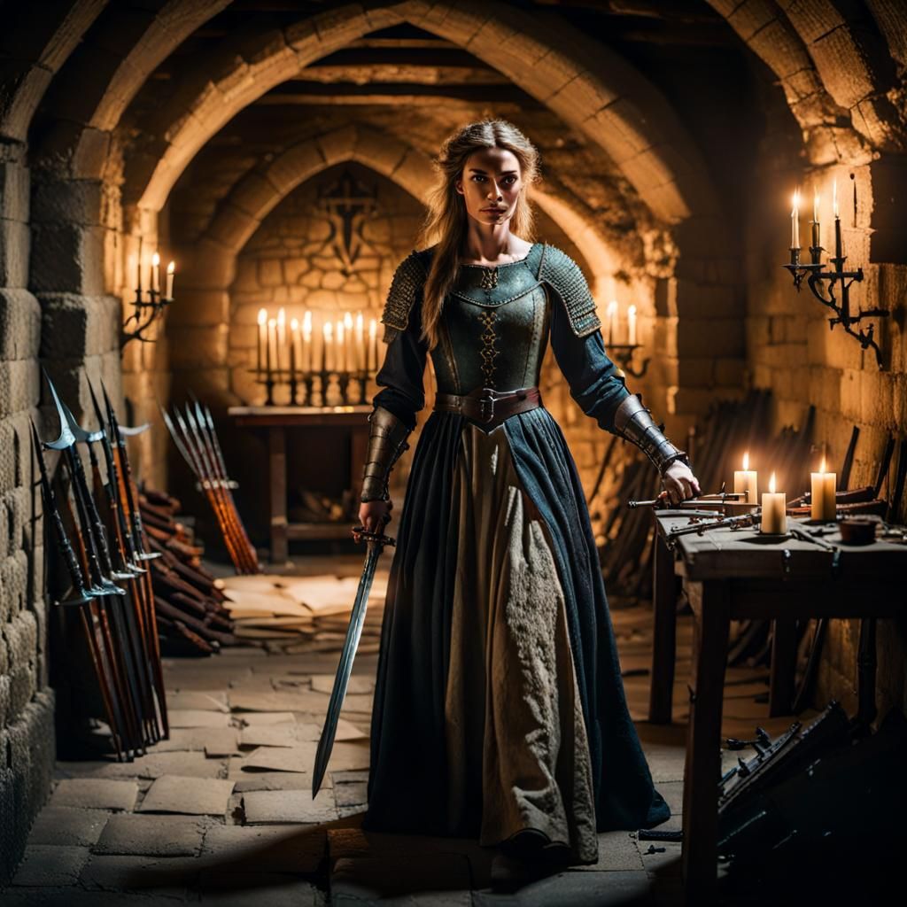 Medieval Woman Discovering Hidden Castle Armory