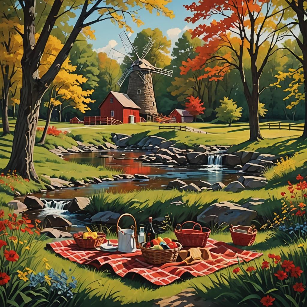 Picturesque Windmill Picnic in Edward Hopper Style