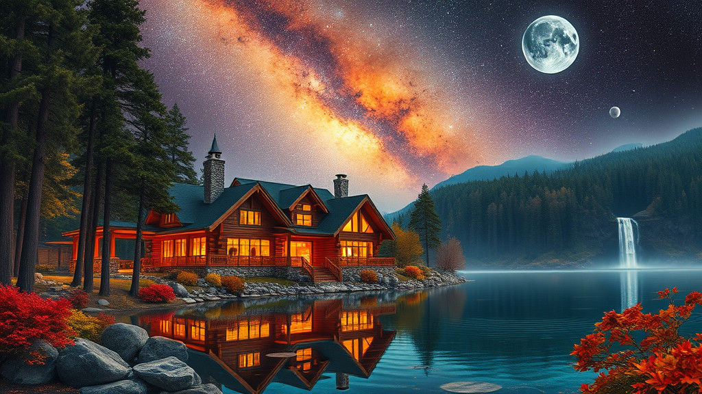 Majestic Lakeside Lodge Under Starry Autumn Sky