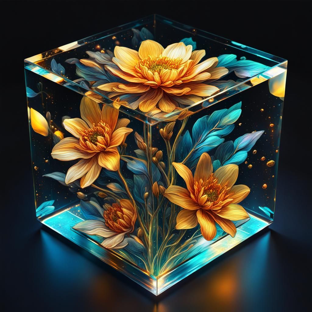 shining shiny flowers gold, bright, glowing grow in a transparent glass cube, dark background, 8k resolution holographic...