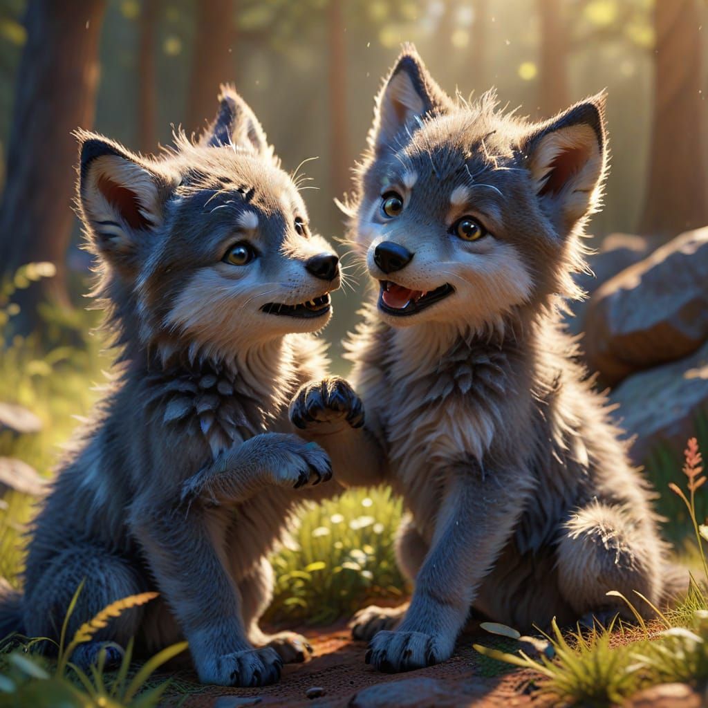 Joyful Wolf Cubs Play in Pixar-Style Digital Art