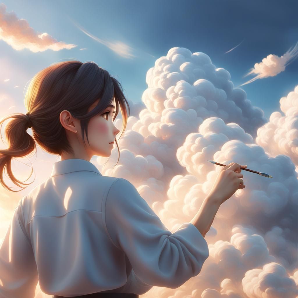 Girl Sculpting Clouds: 3D Anime Art