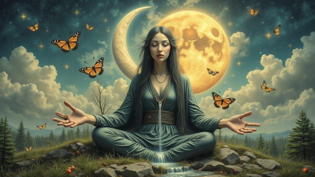 Surreal Manhwa Goddess Holding Landscape: Glitchcore Art