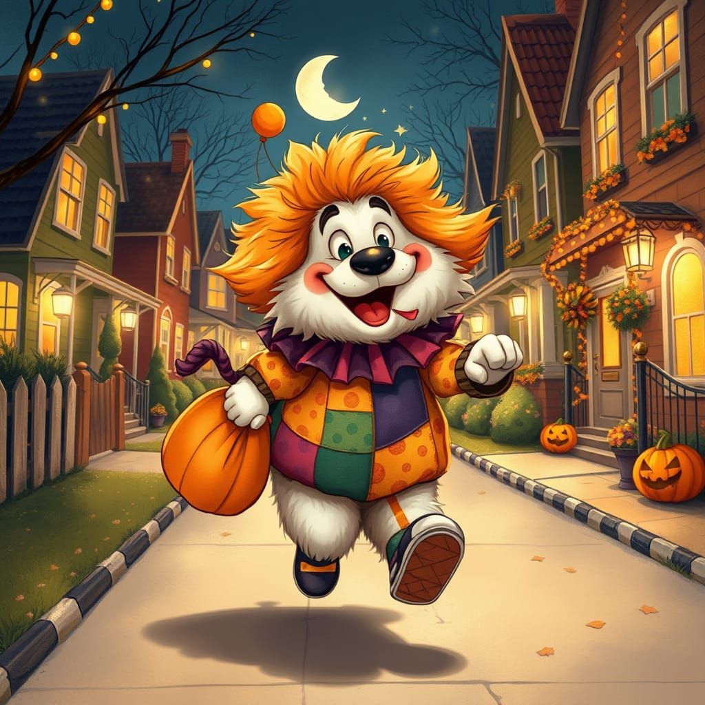 Joyful Clown Dog Trick-or-Treating on Halloween Night