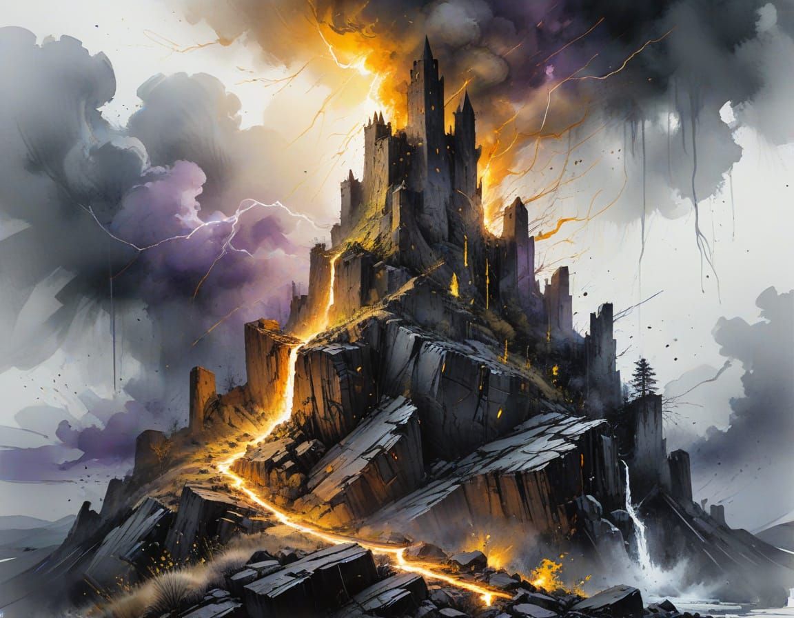 Basalt Fortress in Storm, Watercolor Sky with Lightning