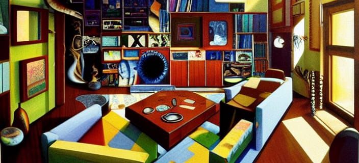 Surreal Living Room Painting in Ghibli Style