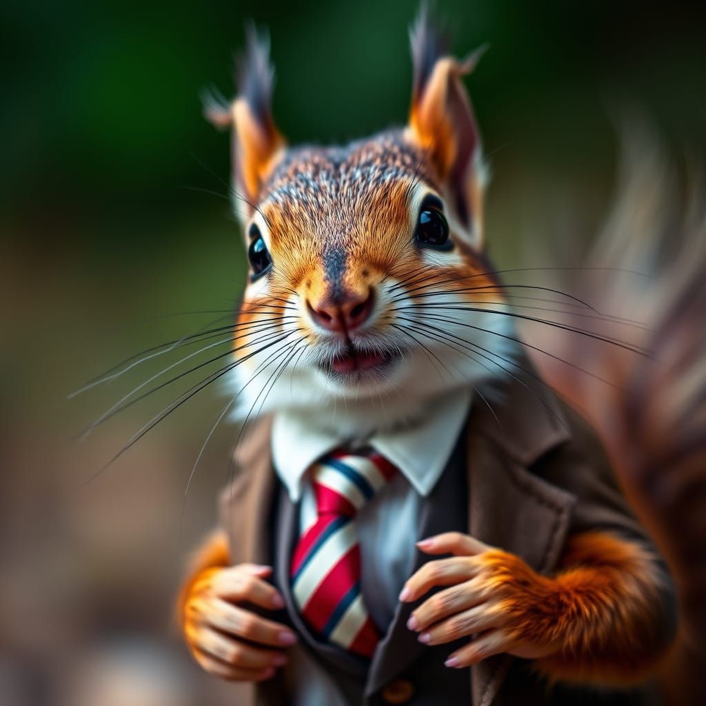 A playful, dressed-up squirrel in a suit and tie