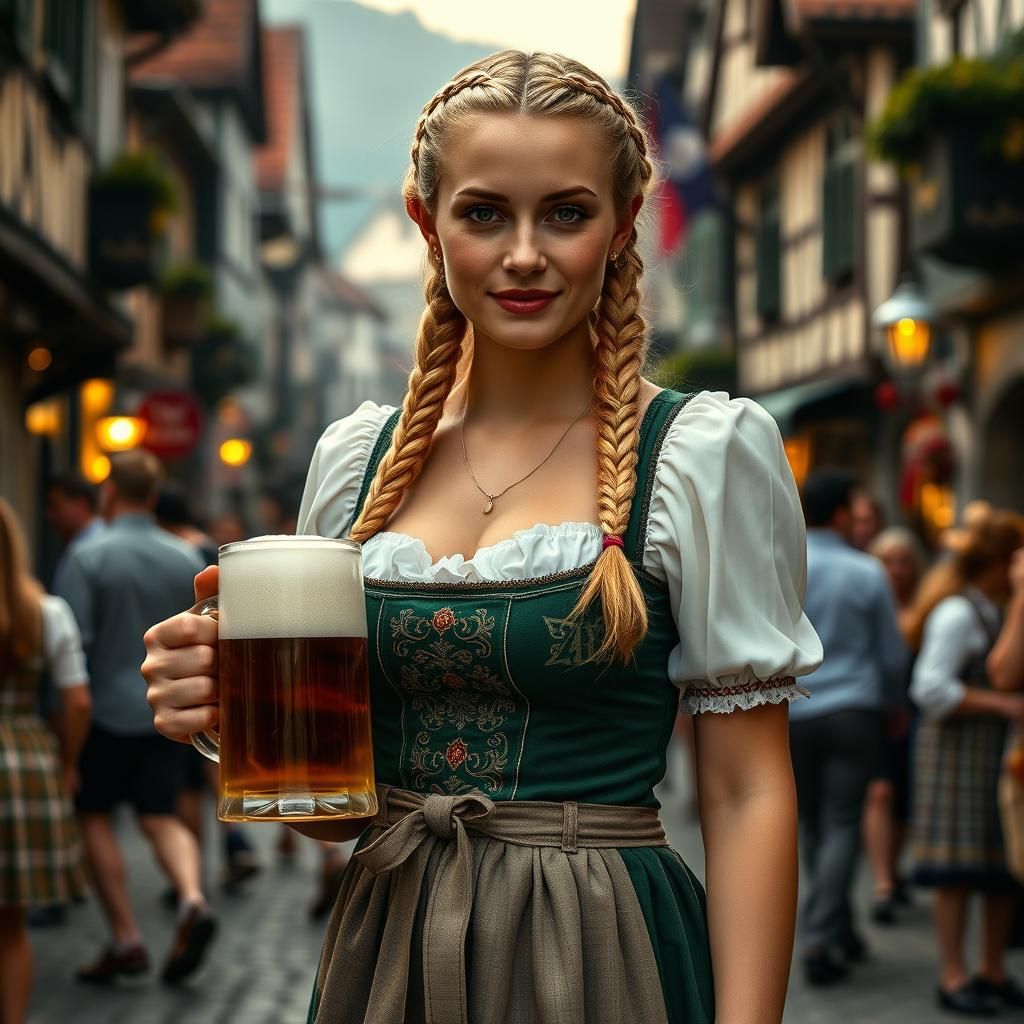 Oktoberfest: German Woman in Dirndl with Beer Steins