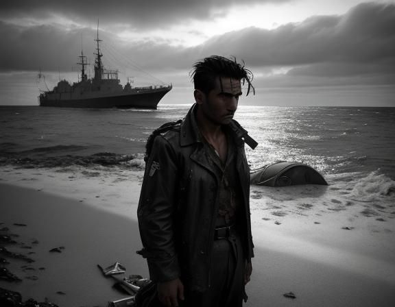 Marooned Sailor on Desert Island with Shipwreck