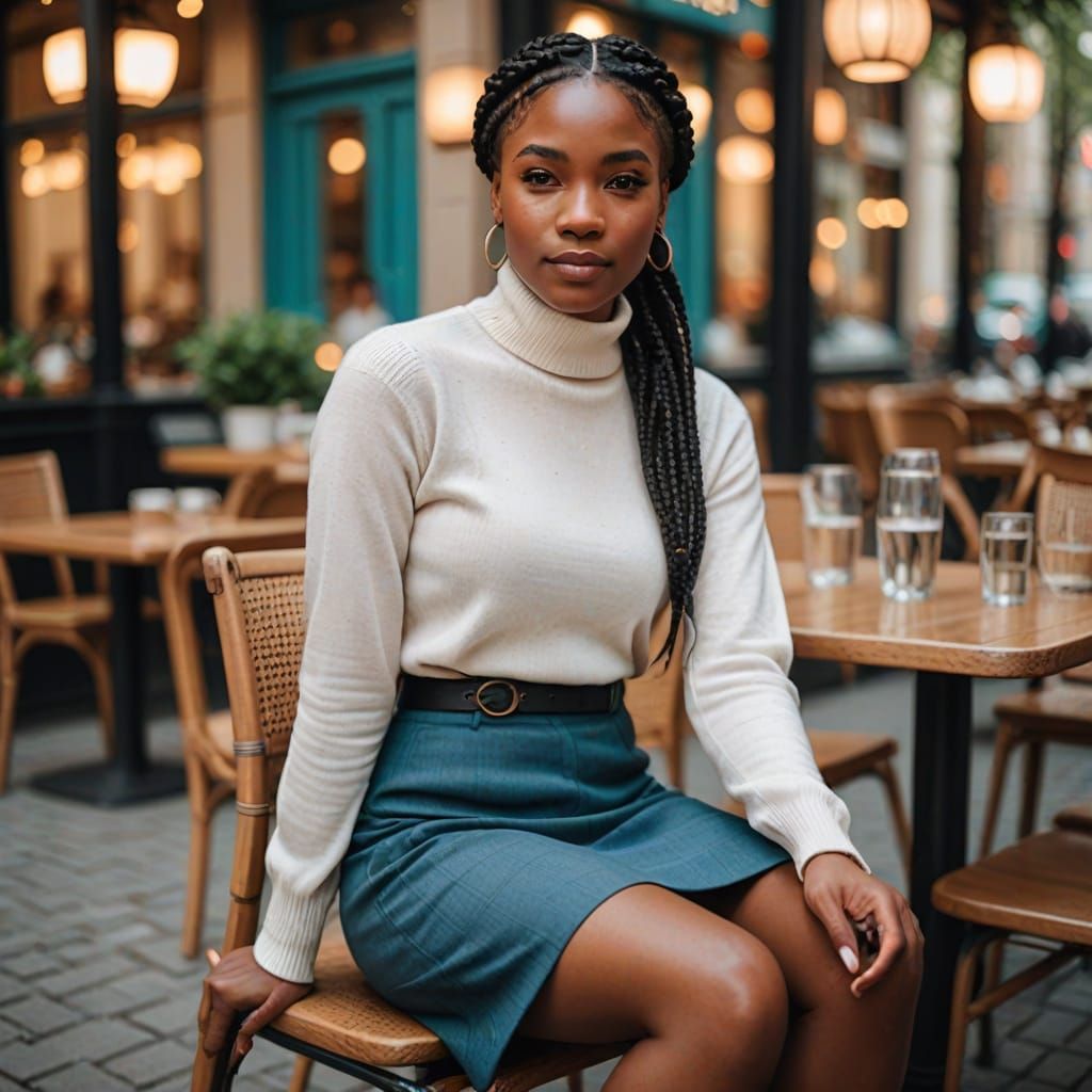 Elegant Black Woman in Relaxed Pose, Braided Hair and Fitted...