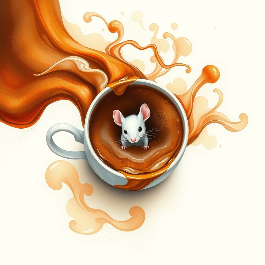 Whimsical Coffee Scene with Antique Mug and Playful Mouse