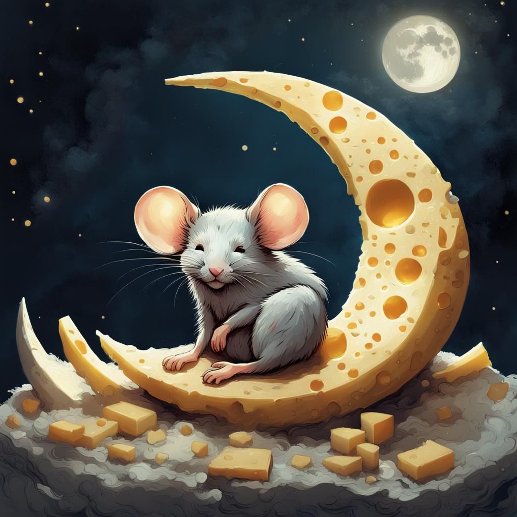 Mouse Asleep on Cheese Moon, Detailed Digital Art
