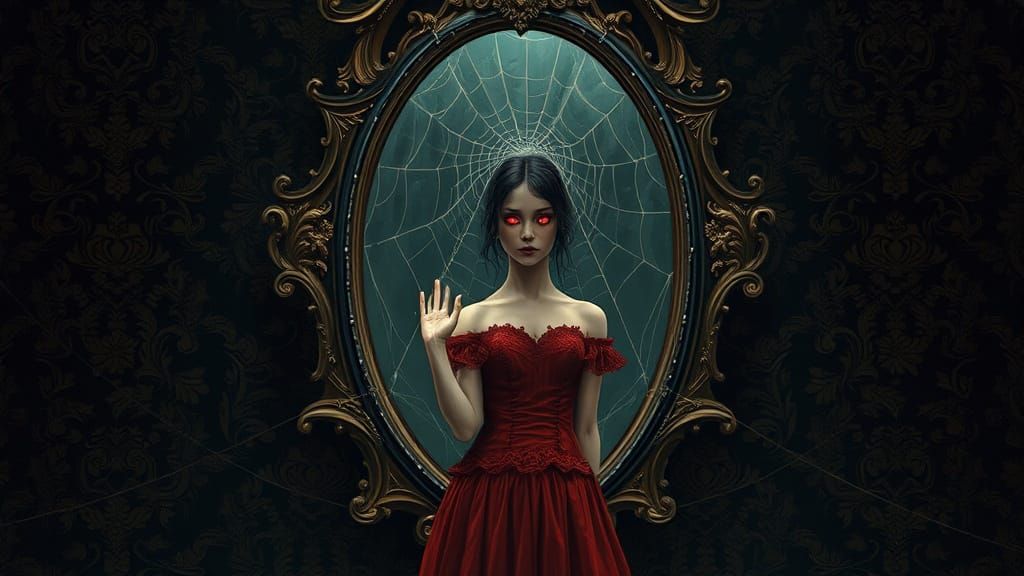 Mysterious Woman Before Haunting Mirror in Crimson Victorian...