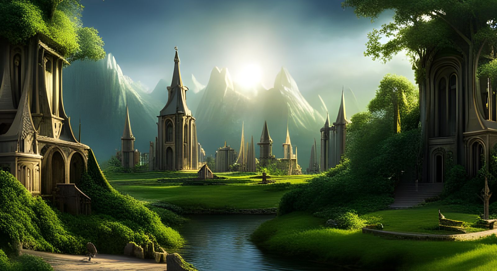 Elven Temple in Magical Forest: Photorealistic Matte Paintin...