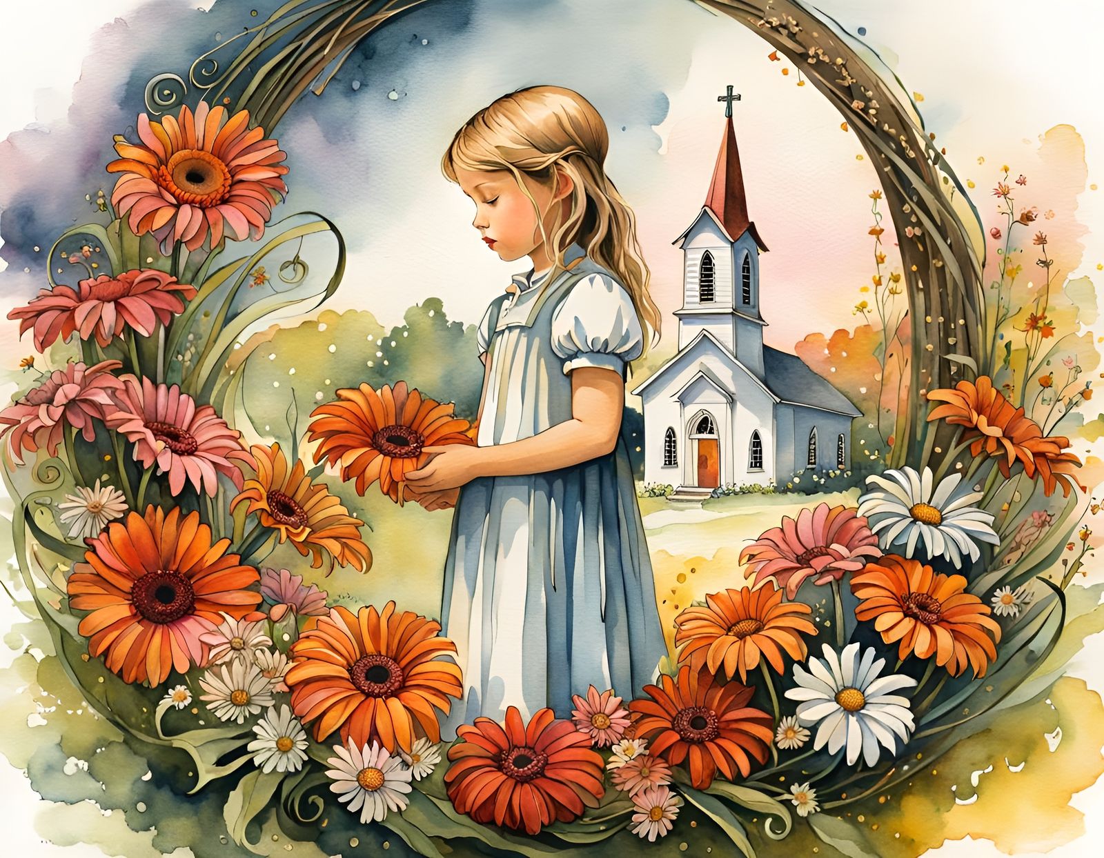 Girl Contemplates Wreath in Watercolor Folk Art Style